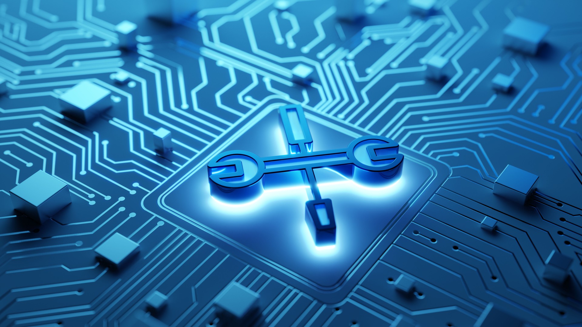 Digital repairing, under construction 3d symbol on an abstract circuit board. Zoom in and lens distortion effect