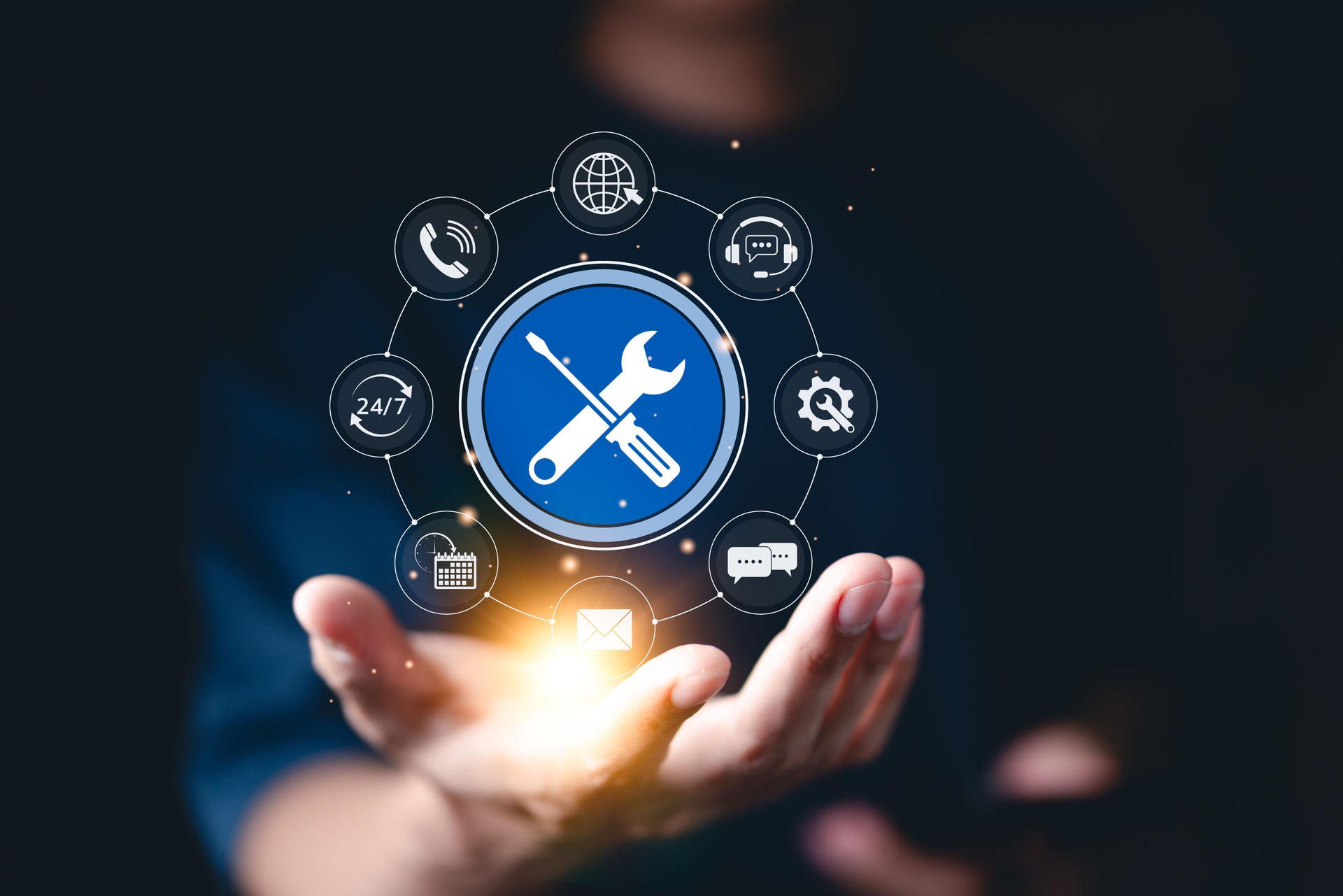 Technical Support and Customer Service Concept. Icon of tools, with icons for customer service, 24/7 support, communication, and technical maintenance. business technology in customer assistance.